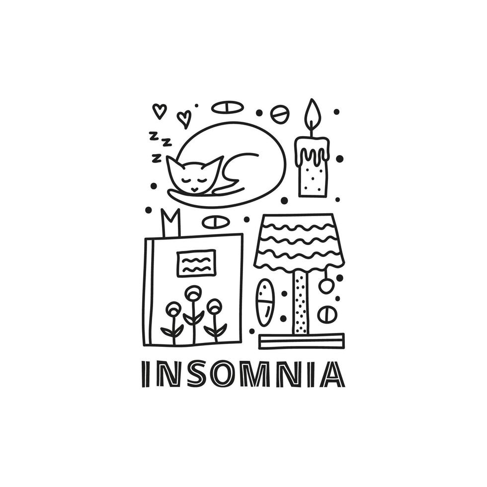 Group of doodle outline insomnia icons. vector