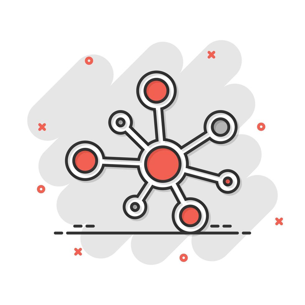 icono de signo de conexión de red central en estilo cómico. ilustración de dibujos animados de vector de molécula de adn sobre fondo blanco aislado. efecto de salpicadura de concepto de negocio de átomo.