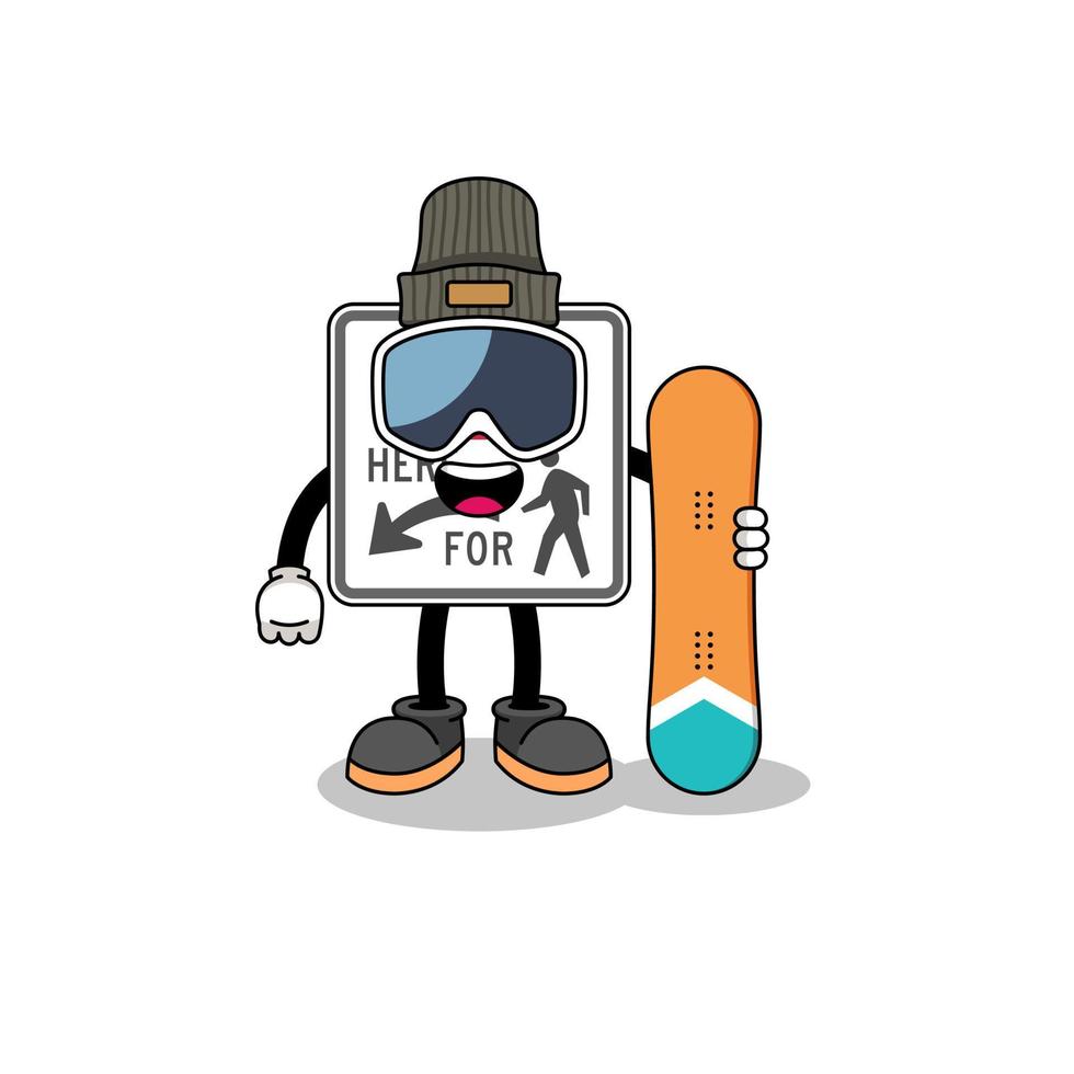 mascota dibujos animados de detener aquí para peatones tabla de snowboard jugador vector