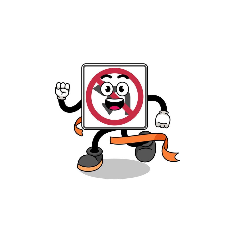 Mascot cartoon of no left or U turn road sign running on finish line vector