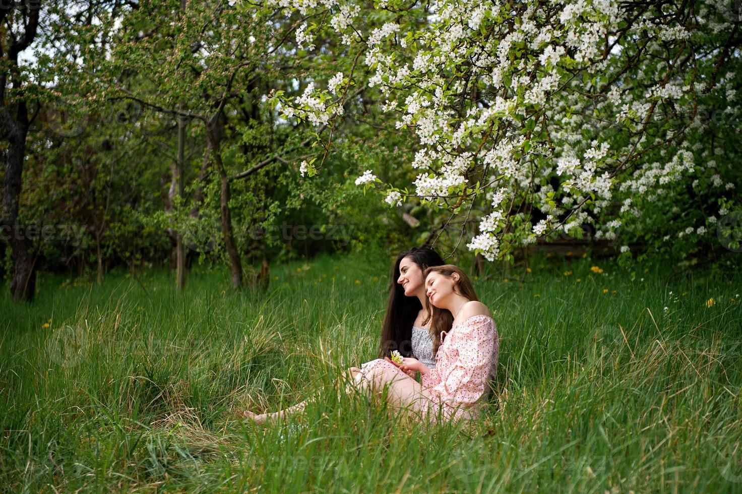 dos joven muchachas en vestidos son sentado en el verde césped debajo un blanco árbol y riendo foto