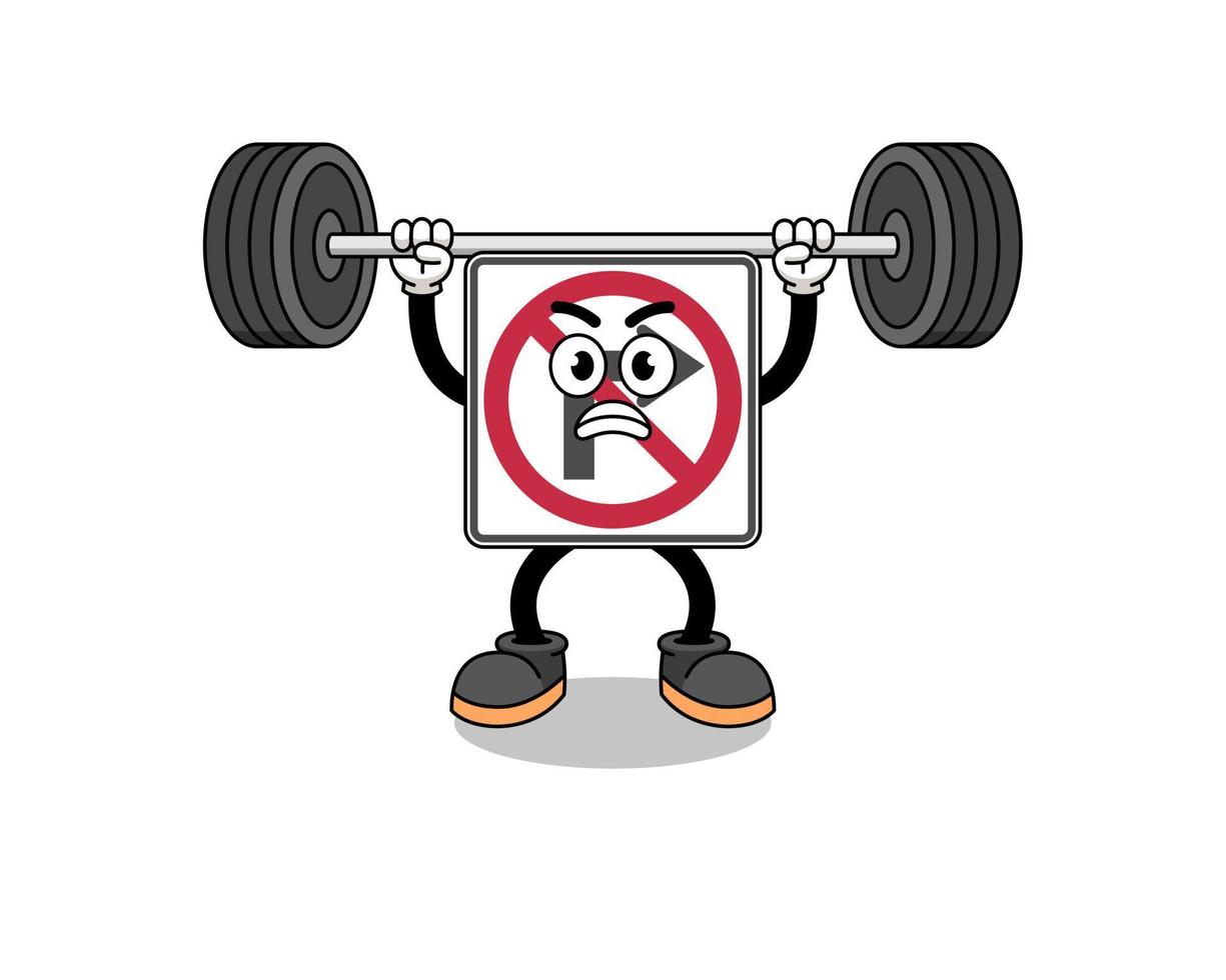 no right turn road sign mascot cartoon lifting a barbell vector