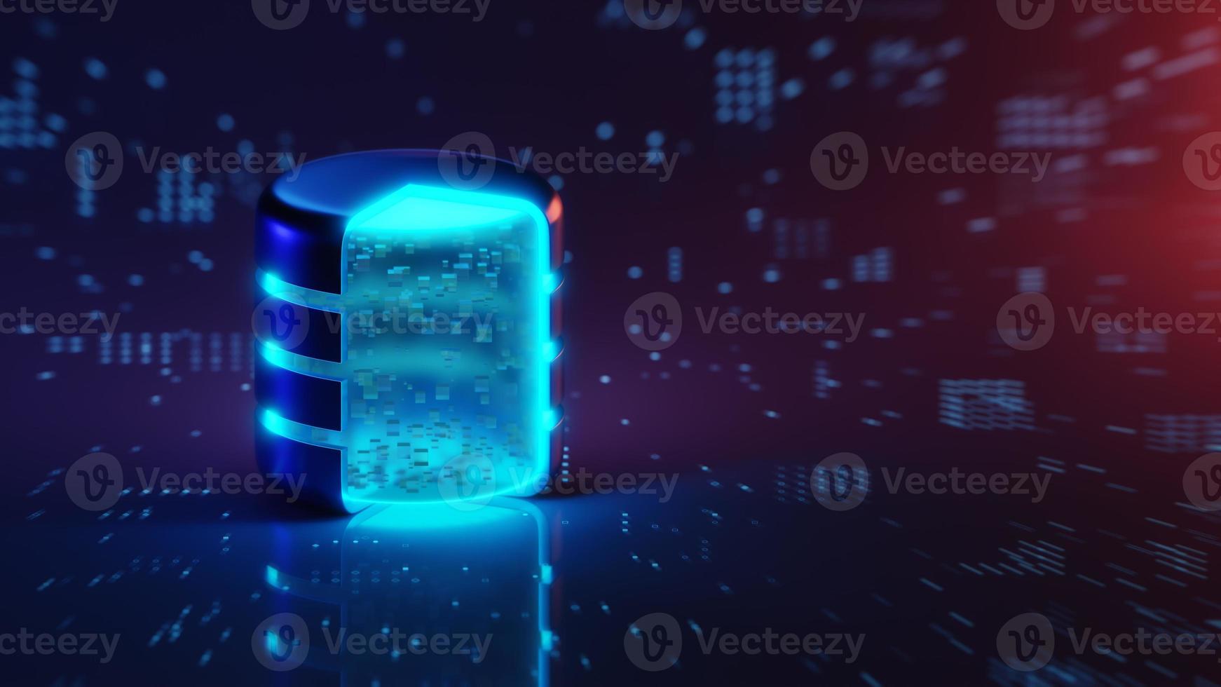 Square blocks or small cubes are collected in a database against a blue background. Concept of DBMS, Database server, Data storage, Data center, SQL, Big Data, Artificial intelligence. 3D rendering. photo