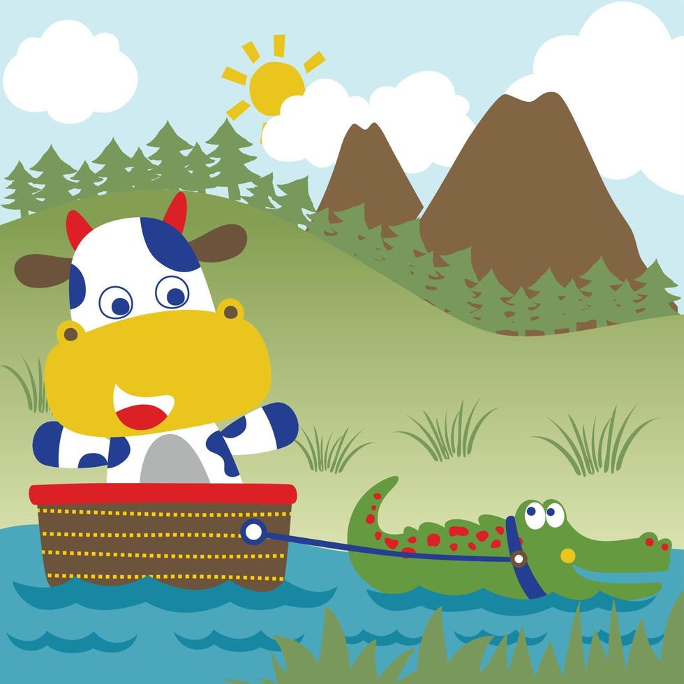 crocodile pulling cow with canoe in river, vector cartoon illustration