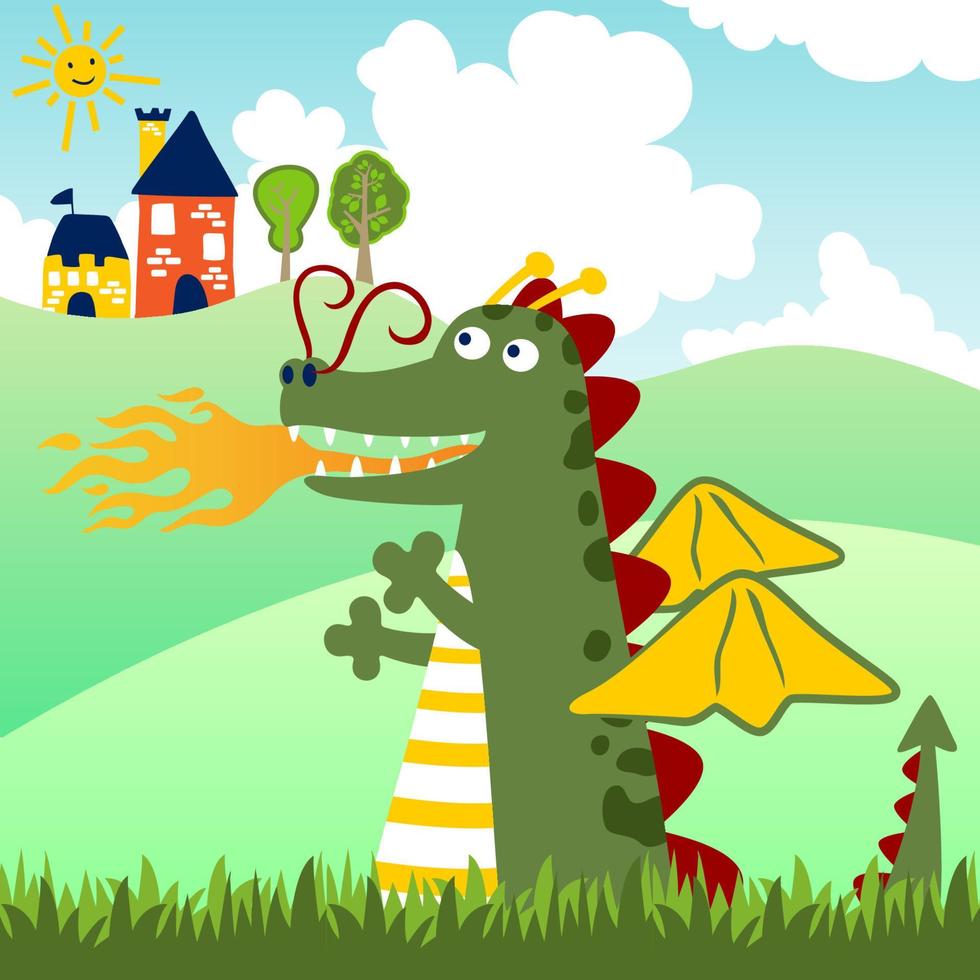 vector cartoon illustration of funny dragon with small castle