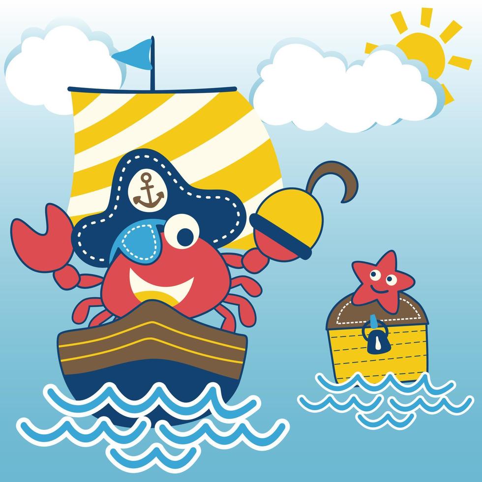 cute crab pirate on sailboat, starfish on treasure chest, vector cartoon illustration