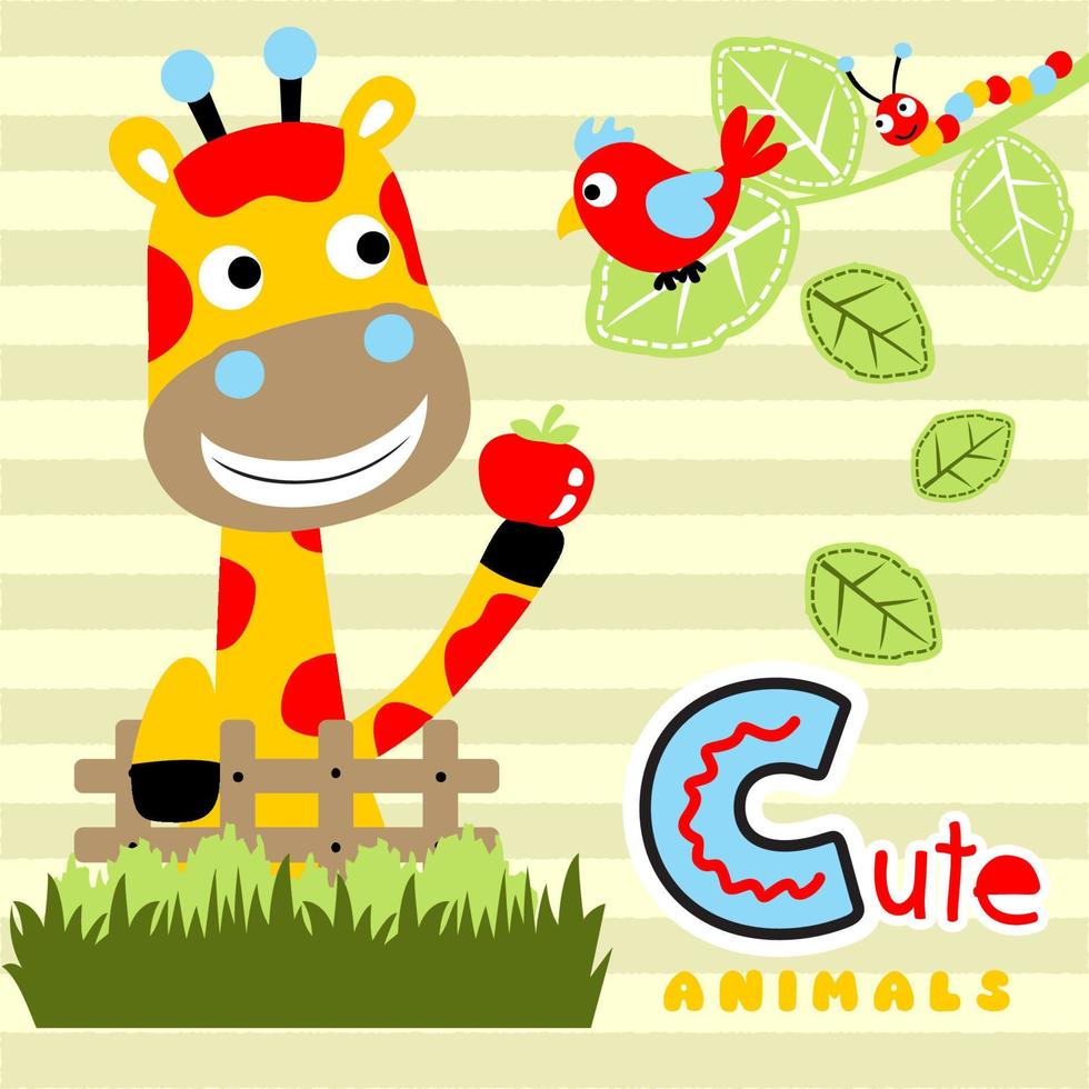 Cute giraffe holding fruit, bird and caterpillar on tree branches, vector cartoon illustration