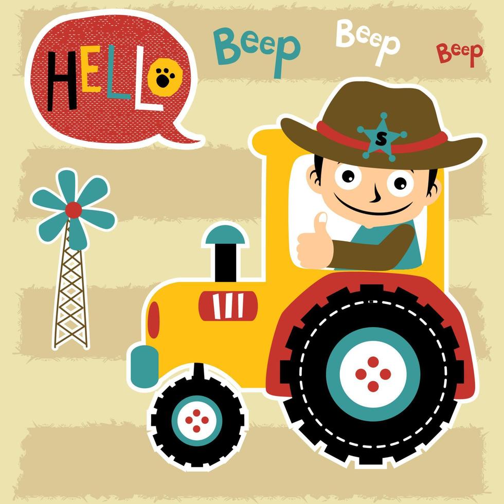joven granjero en tractor con molino, vector dibujos animados ilustración