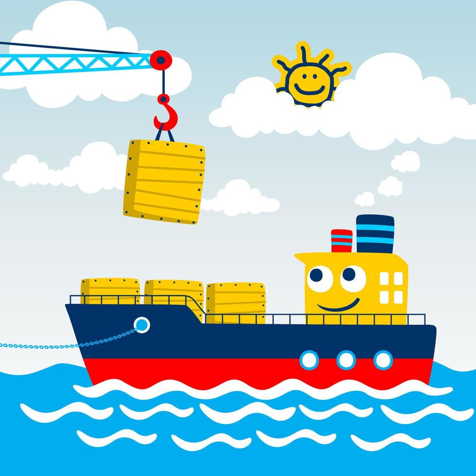 Crane loading container in funny cargo ship in the port, vector cartoon illustration