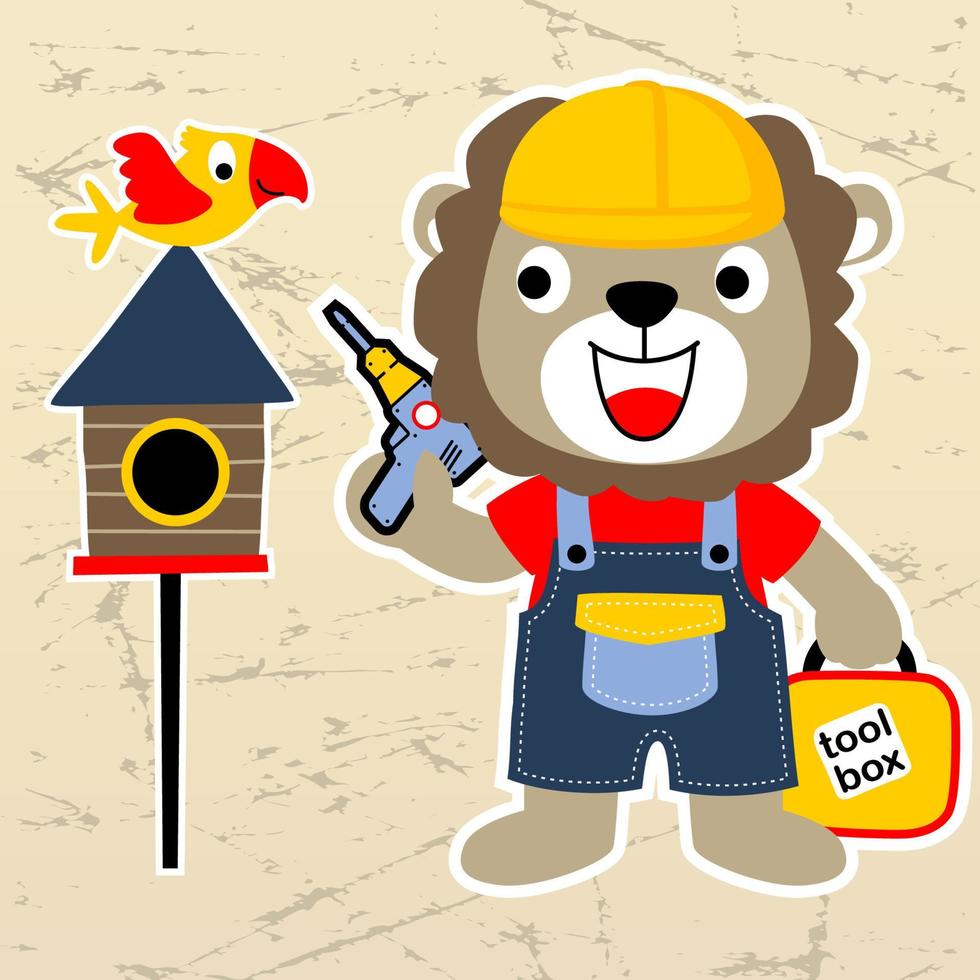 Cute lion in builder costume holding toolbox and electric drill, little bird on cage, vector cartoon illustration
