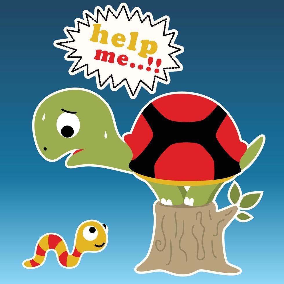 funny turtle on tree stump with caterpillar, vector cartoon illustration