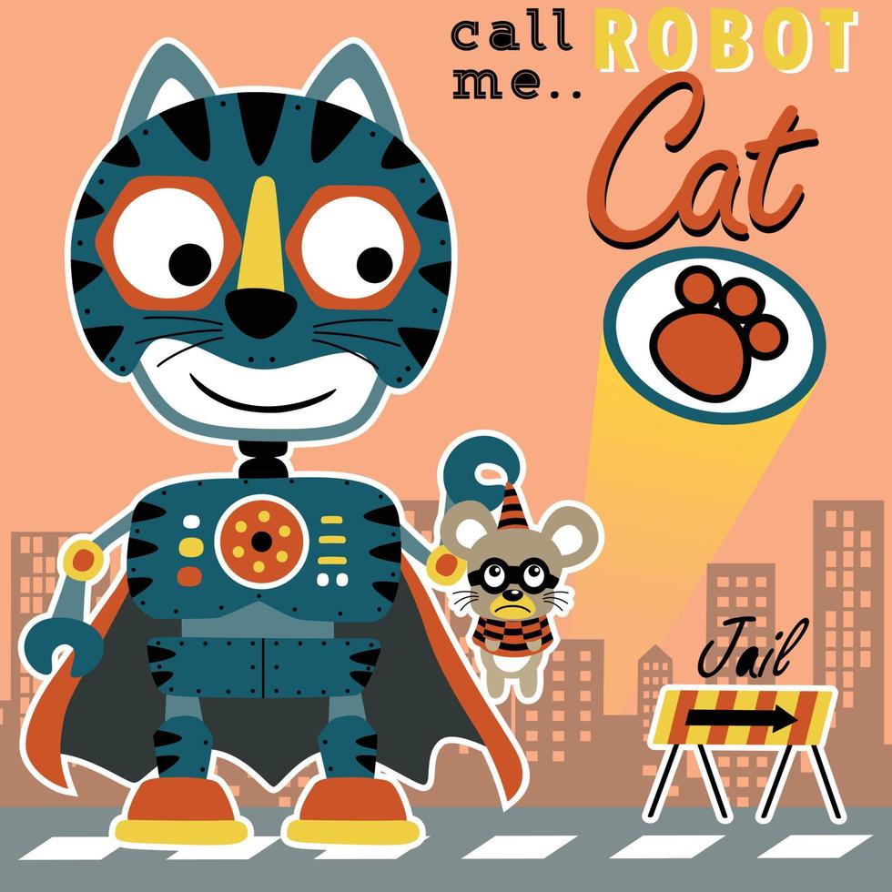 Funny robot cat catching criminal mouse on buildings background, vector cartoon illustration