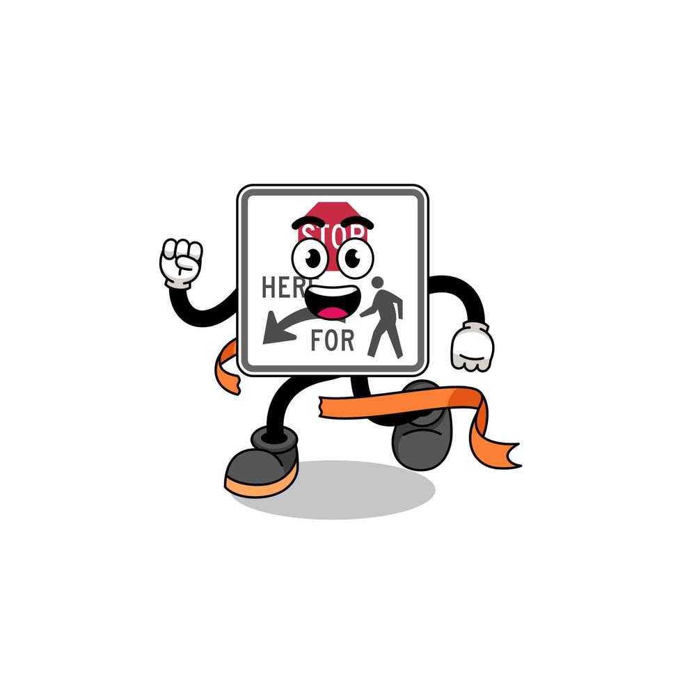 Mascot cartoon of stop here for pedestrians running on finish line vector