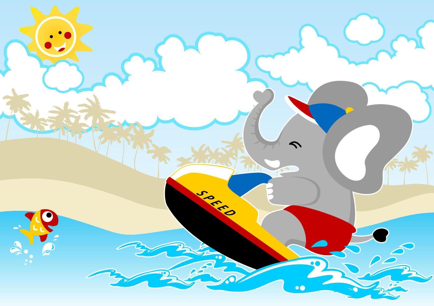 linda elefante jugando chorro esquí en el playa a verano día festivo, pequeño pescado saltar fuera desde agua, vector dibujos animados ilustración