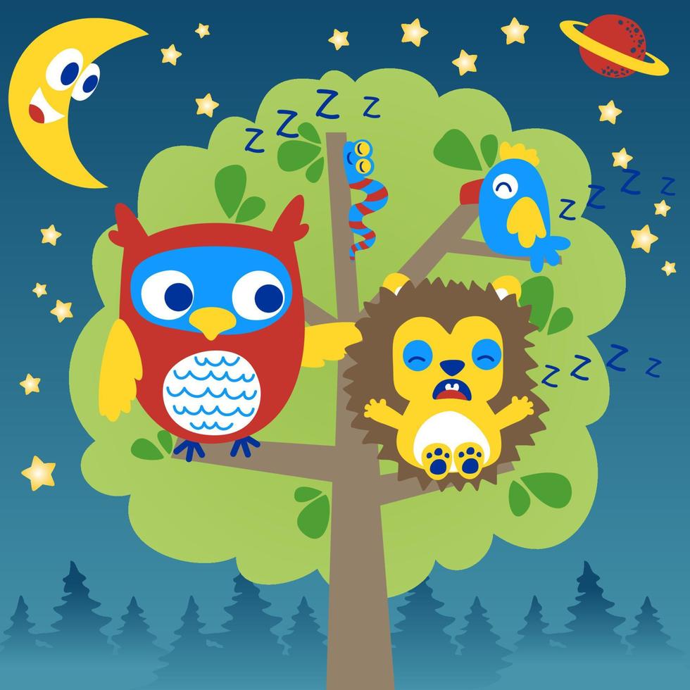 Cute animals sleeping on tree at night, vector cartoon illustration