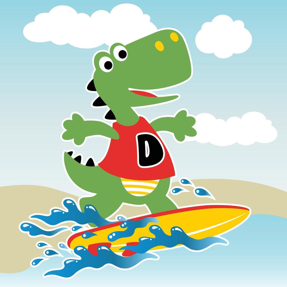 gracioso dinosaurio jugando tabla de surf en el playa, vector dibujos animados ilustración