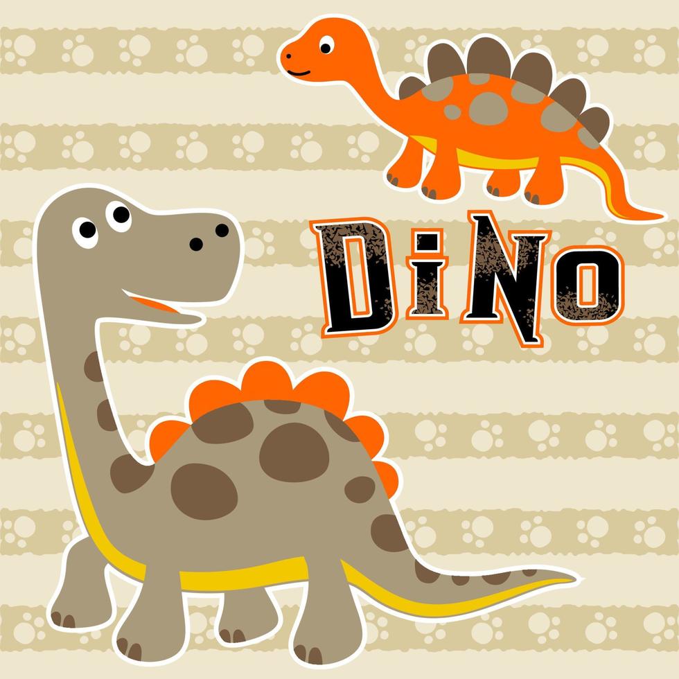 Funny dinosaurs on footpath striped background, cartoon vector illustration