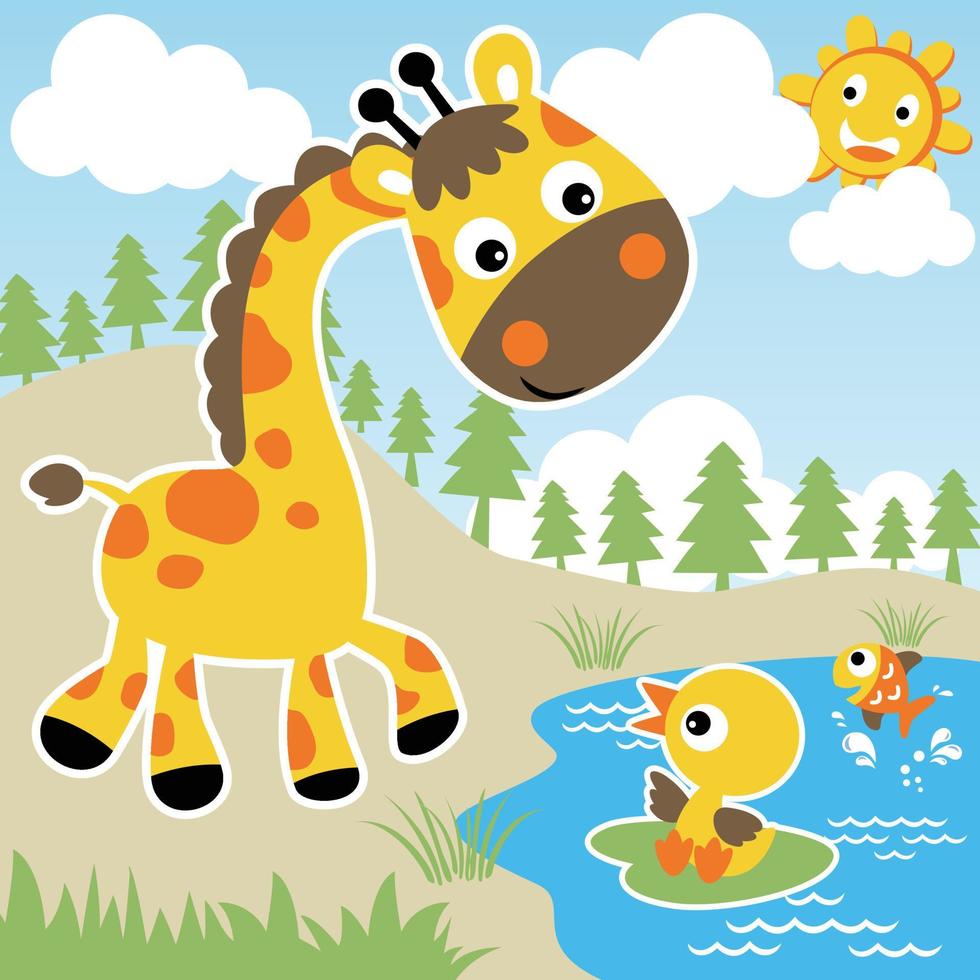 cute giraffe with little duck and fish in river, smiling sun behind clouds, vector cartoon illustration