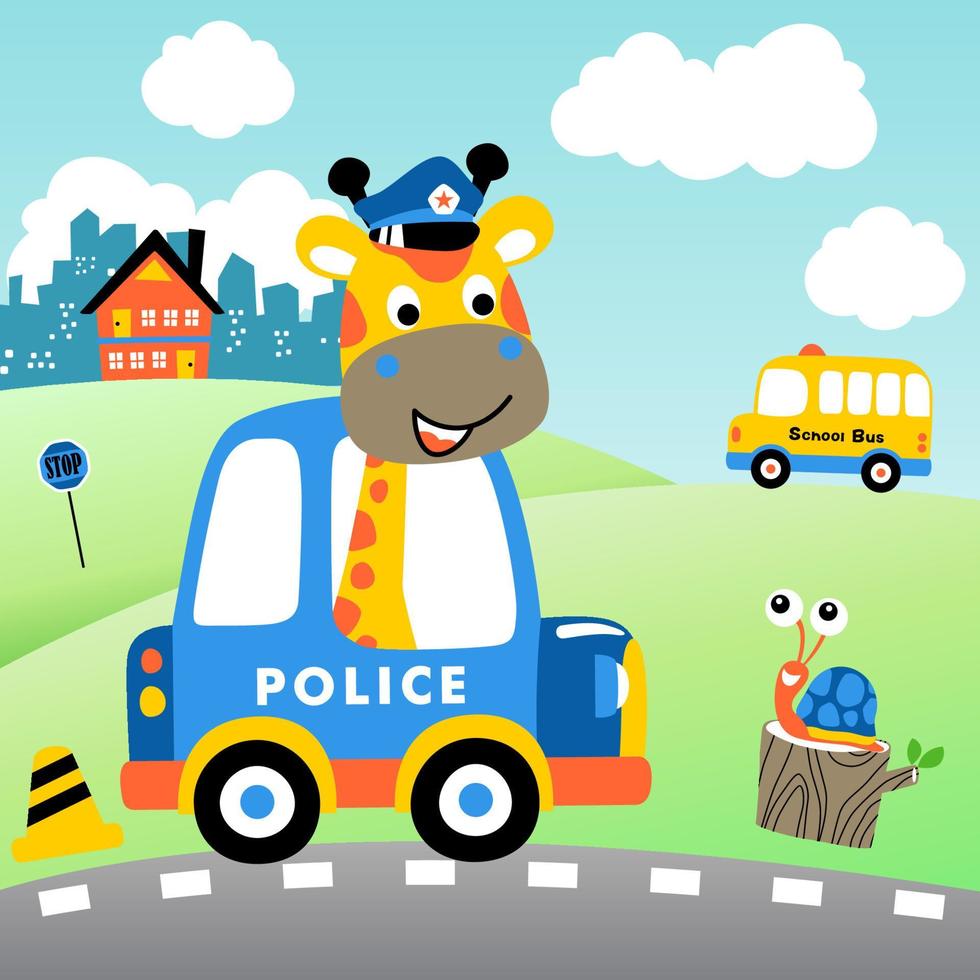 Cute giraffe driving police car with little snail on tree stump, city traffic elements, vector cartoon illustration