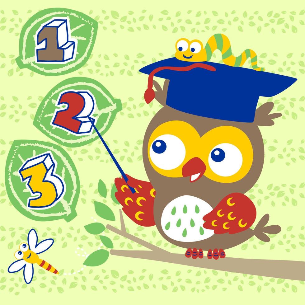 Cute owl wearing graduation hat with bugs learning mathematics, vector cartoon illustration