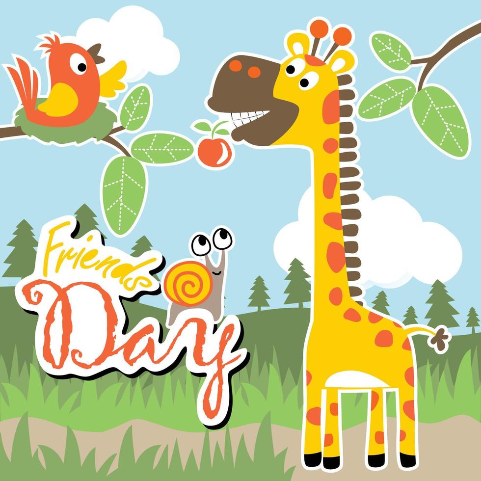 Funny giraffe biting fruit, bird on nest with snail in forest, vector cartoon illustration