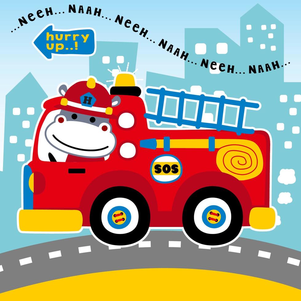 Cute hippo driving firetruck on buildings background, vector cartoon illustration