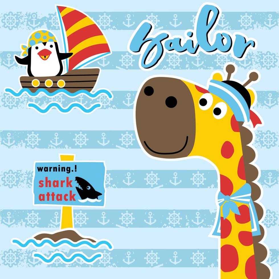 Cute giraffe wearing sailor cap, penguin on sailboat, shark attack signpost warning on striped background, vector cartoon illustration