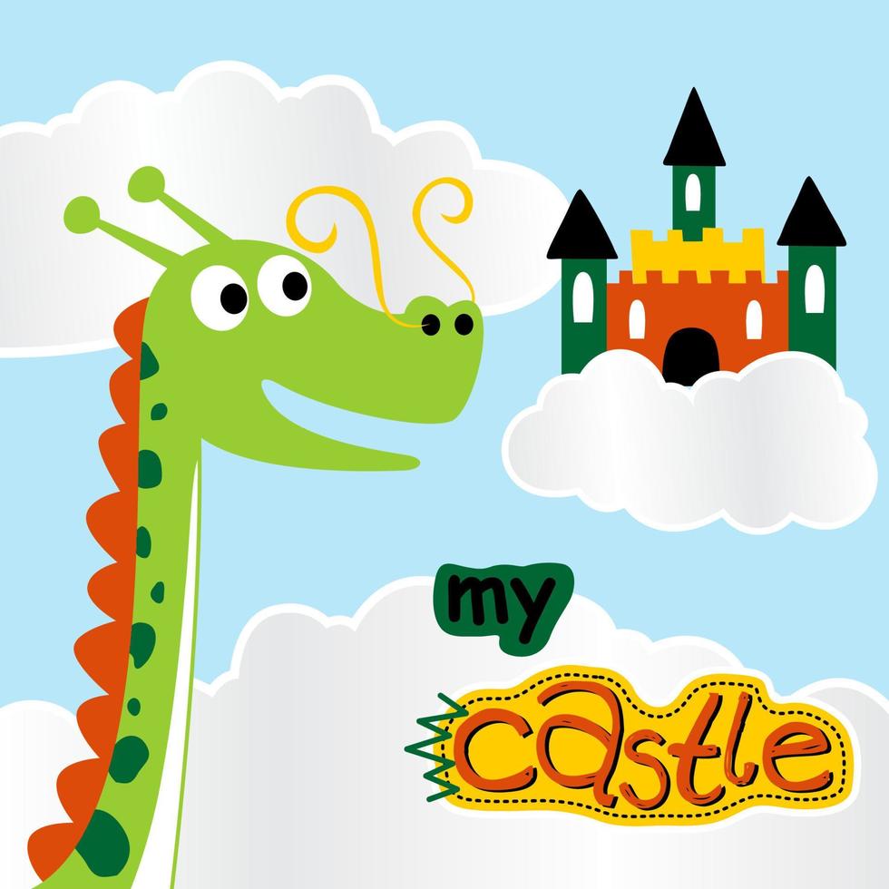 Funny dragon with castle on clouds, vector cartoon illustration