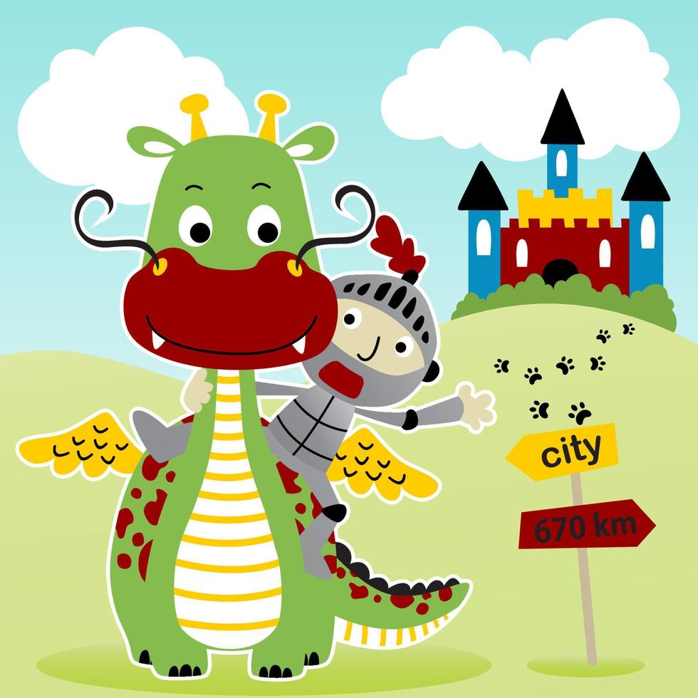 vector cartoon illustration of little knight riding funny dragon on castle background