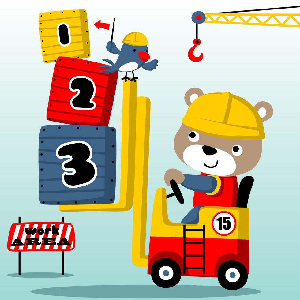 Cute bear driving forklift, vector cartoon illustration