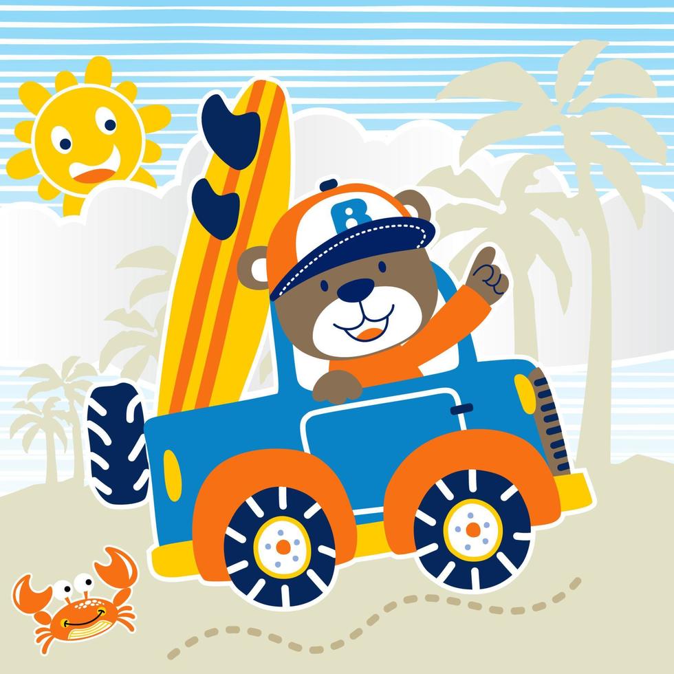 funny bear on car with little crab in the beach, smiling sun behind clouds, vector cartoon illustration