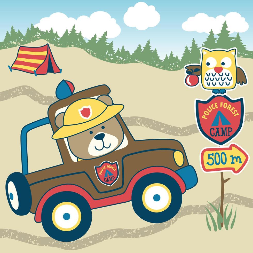 Cute bear driving car, owl perching on signpost, vector cartoon illustration