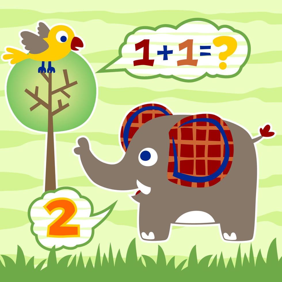 Cute elephant with bird learn to count, vector cartoon illustration