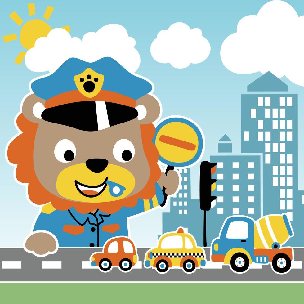 Cute lion in traffic cop uniform holding road sign, cars in city road, vector cartoon illustration