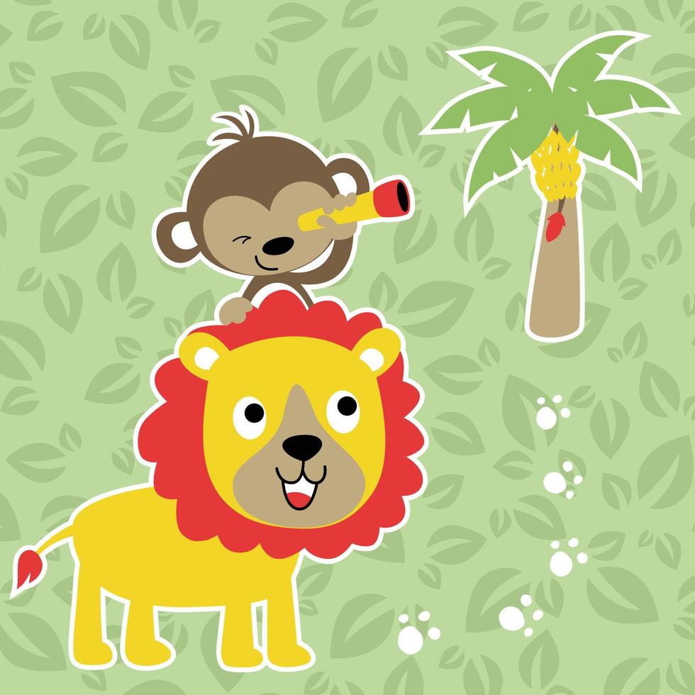 cute monkey holding binocular riding on lion, banana tree on leaves background, vector cartoon illustration