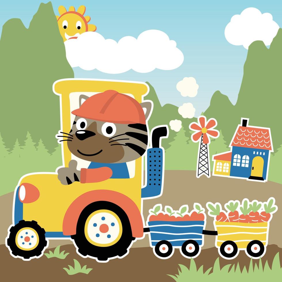 Funny cat driving tractor loading harvest on rural scene background vector