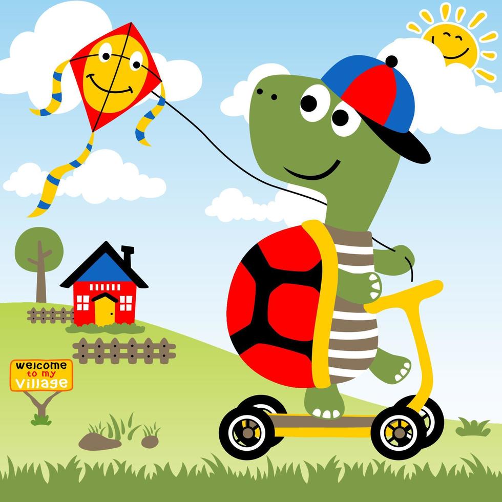 Funny turtle playing kite with scooter in countryside, vector cartoon illustration