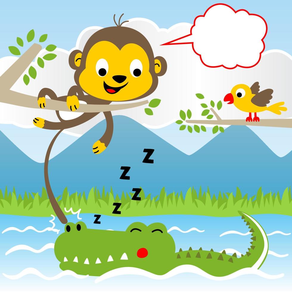 Cute monkey with bird on tree branches, crocodile sleeping in swamp, vector cartoon illustration