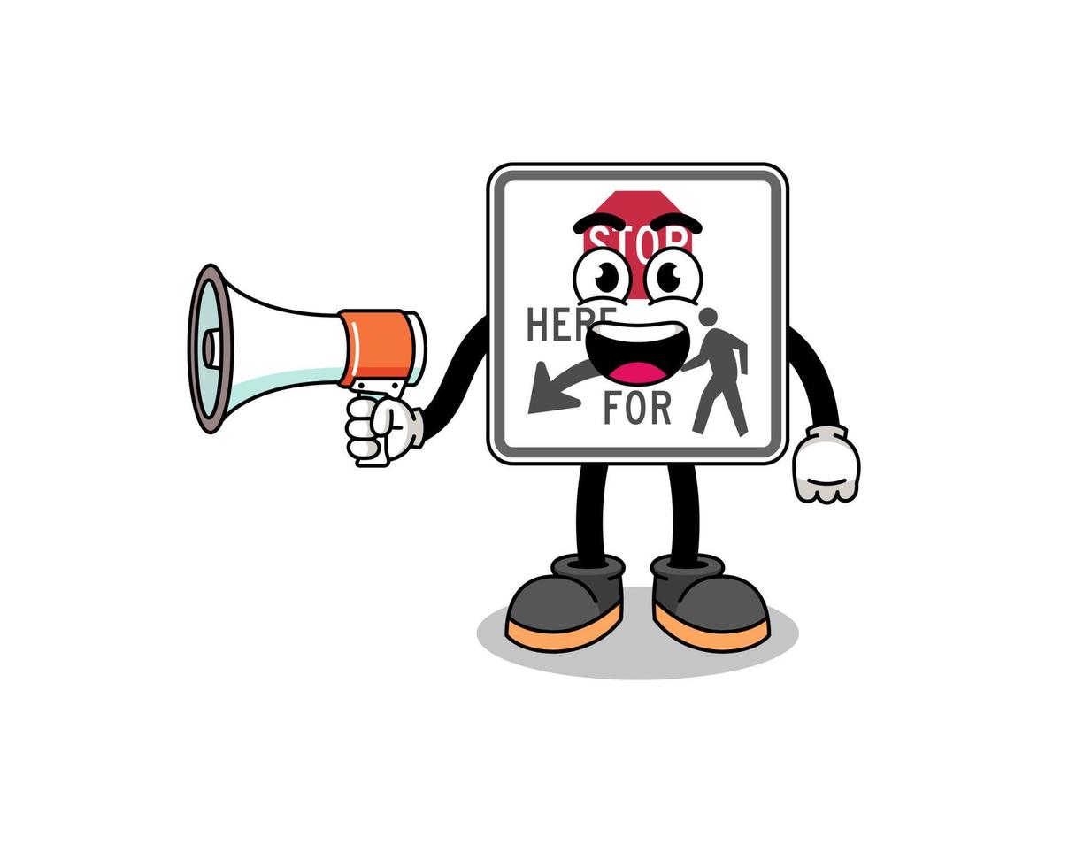 stop here for pedestrians cartoon illustration holding megaphone vector