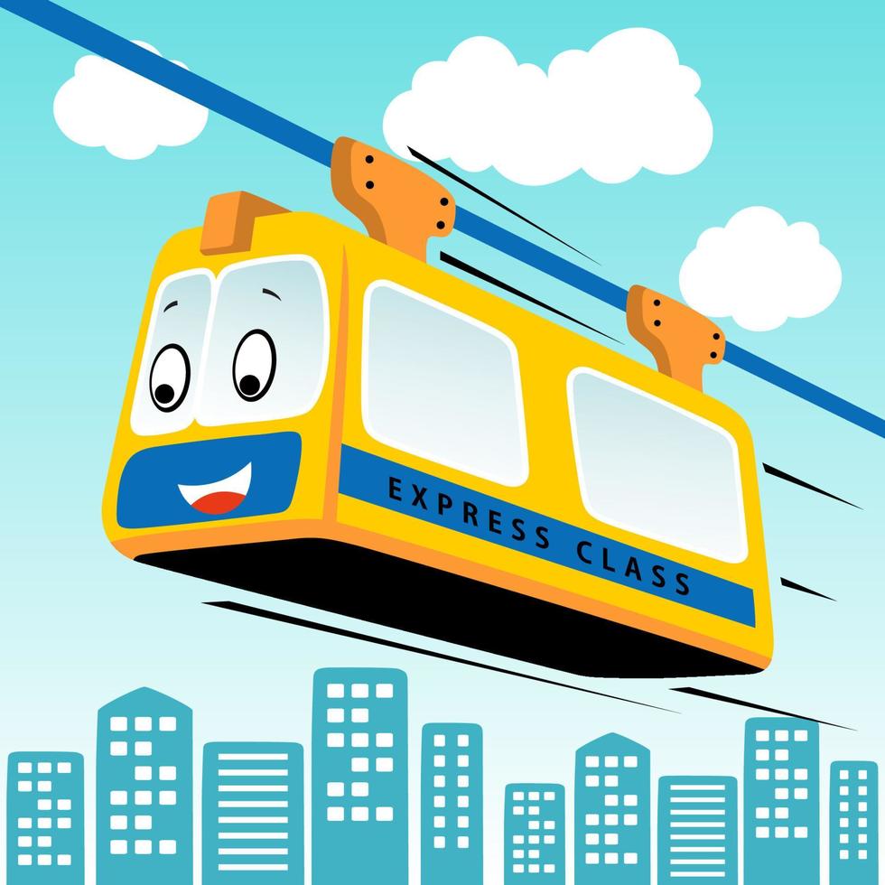 A funny cable car crossing over the city, vector cartoon illustration