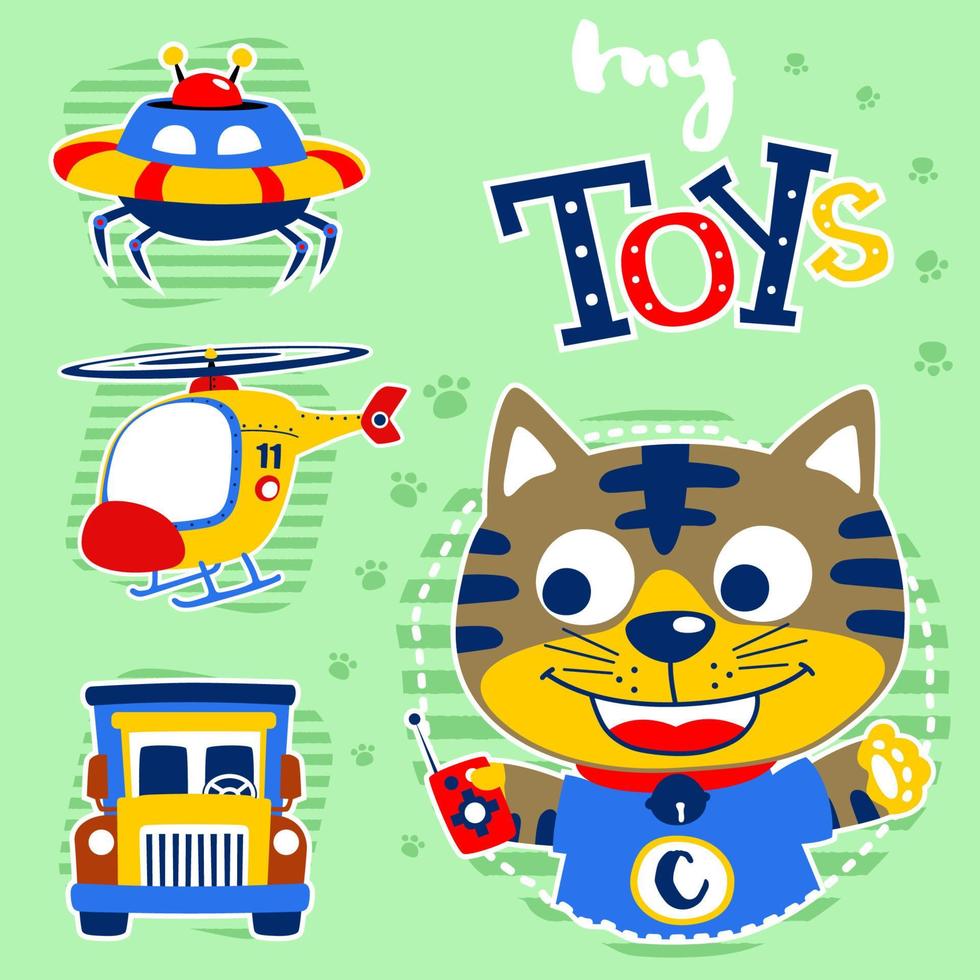 Funny kitten with it toys, vector cartoon illustration