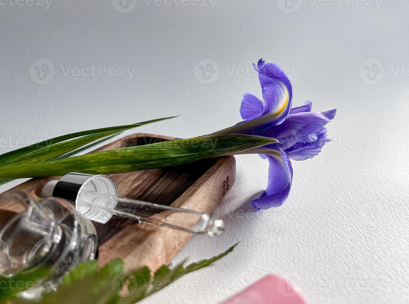 spa still life. dropper with anti-aging liquid. Skincare. Dropper on the background of tropical leaves and irises. photo