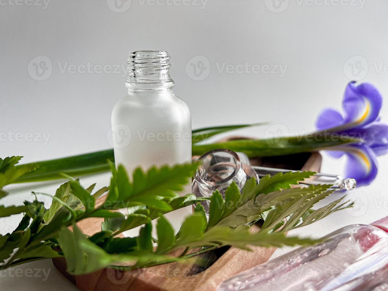 spa still life. dropper with anti-aging liquid. Skincare. Dropper on the background of tropical leaves and irises. photo