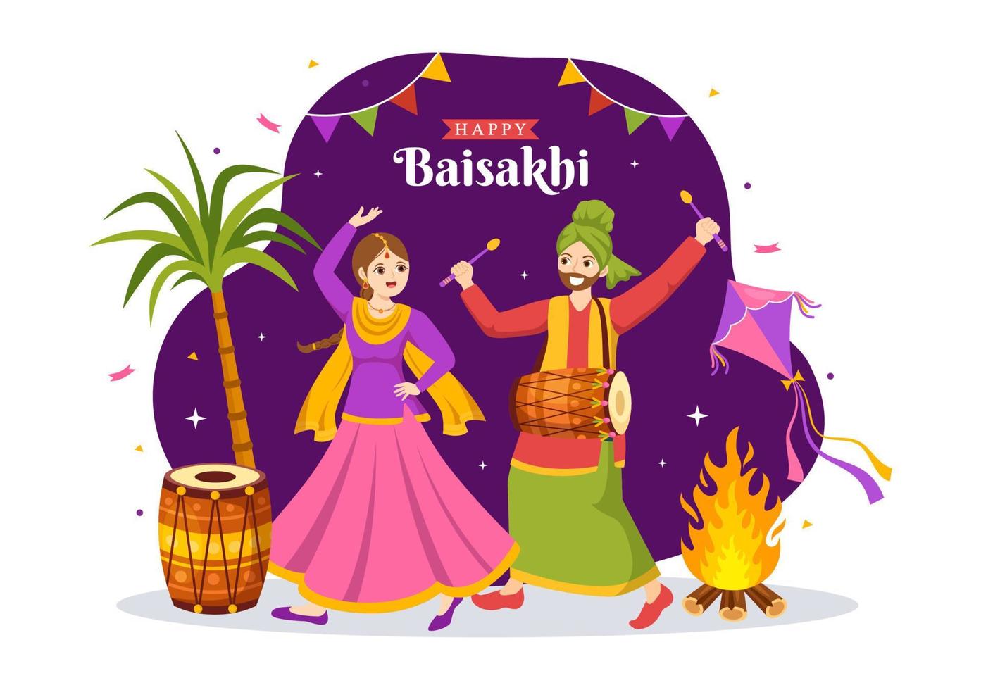 contento baisakhi ilustración con vaisakhi punjabi primavera cosecha festival de sij celebracion en plano dibujos animados mano dibujado para aterrizaje página plantillas vector