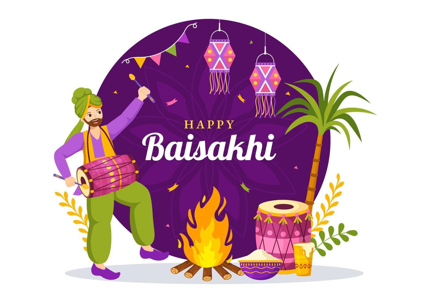 contento baisakhi ilustración con vaisakhi punjabi primavera cosecha festival de sij celebracion en plano dibujos animados mano dibujado para aterrizaje página plantillas vector