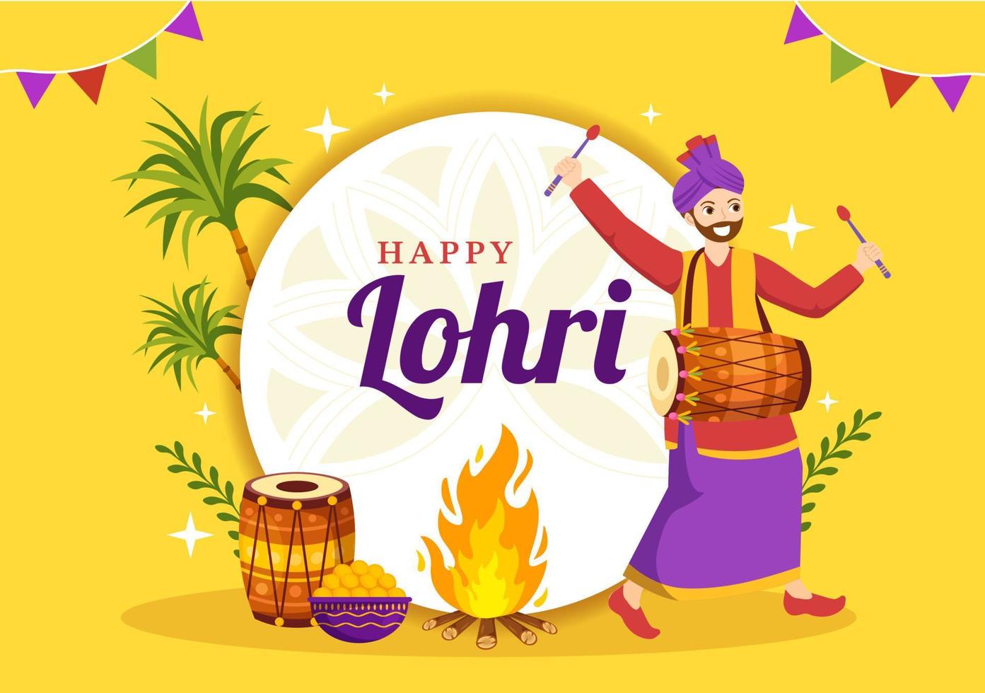 contento lohri festival de Punjab India ilustración con jugando danza y celebracion hoguera en plano dibujos animados mano dibujado para aterrizaje página plantillas vector