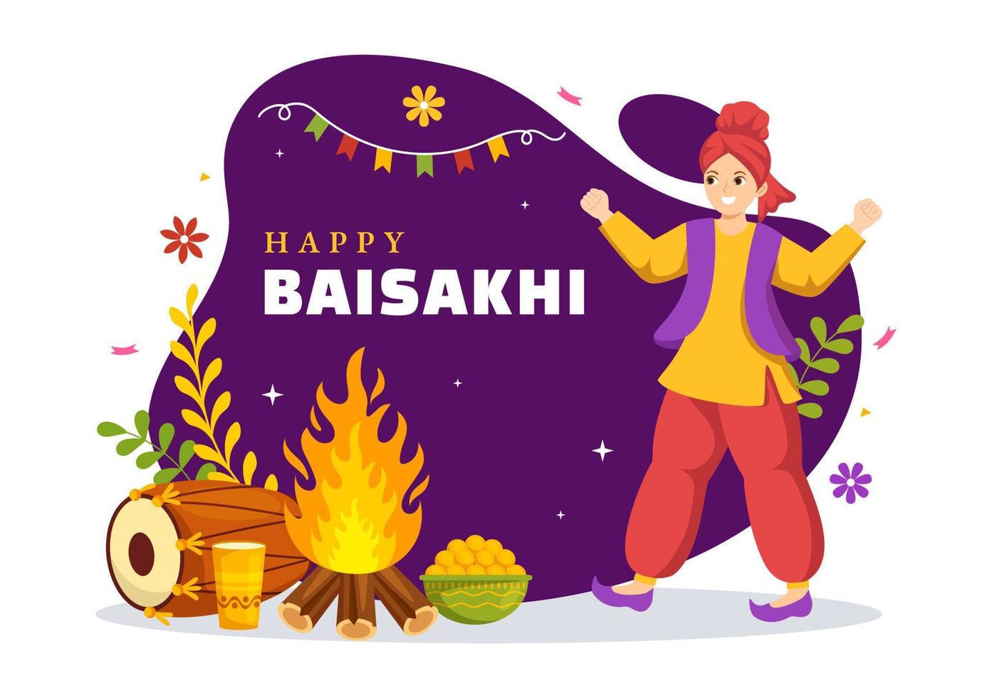 contento baisakhi ilustración con vaisakhi punjabi primavera cosecha festival de sij celebracion en plano dibujos animados mano dibujado para aterrizaje página plantillas vector