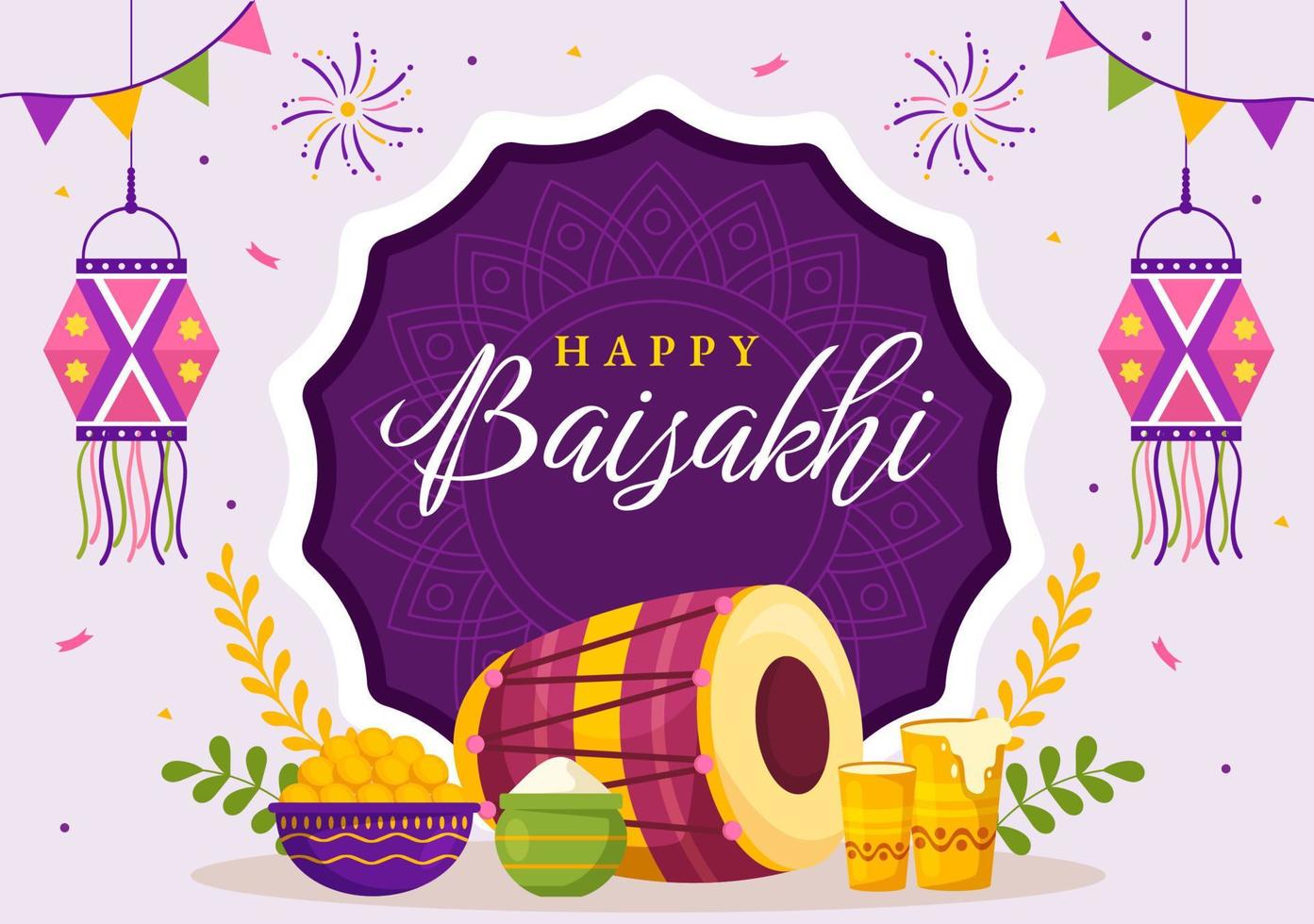 Happy Baisakhi Illustration with Vaisakhi Punjabi Spring Harvest Festival of Sikh celebration in Flat Cartoon Hand Drawn for Landing Page Templates vector