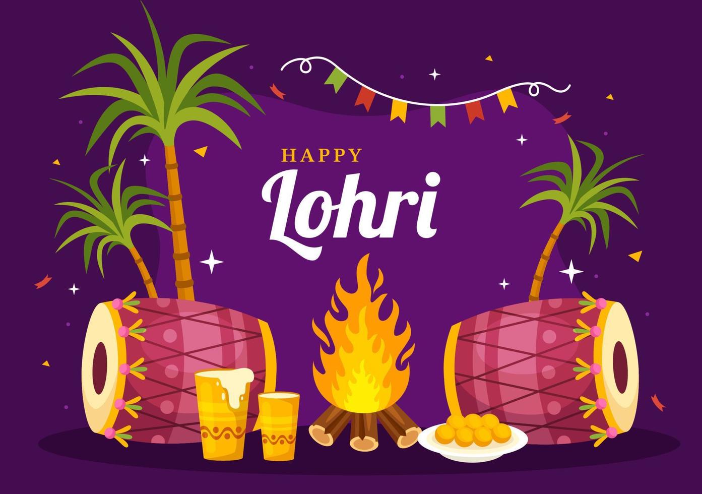 Happy Lohri Festival of Punjab India Illustration with Playing Dance and Celebration Bonfire in Flat Cartoon Hand Drawn for Landing Page Templates vector