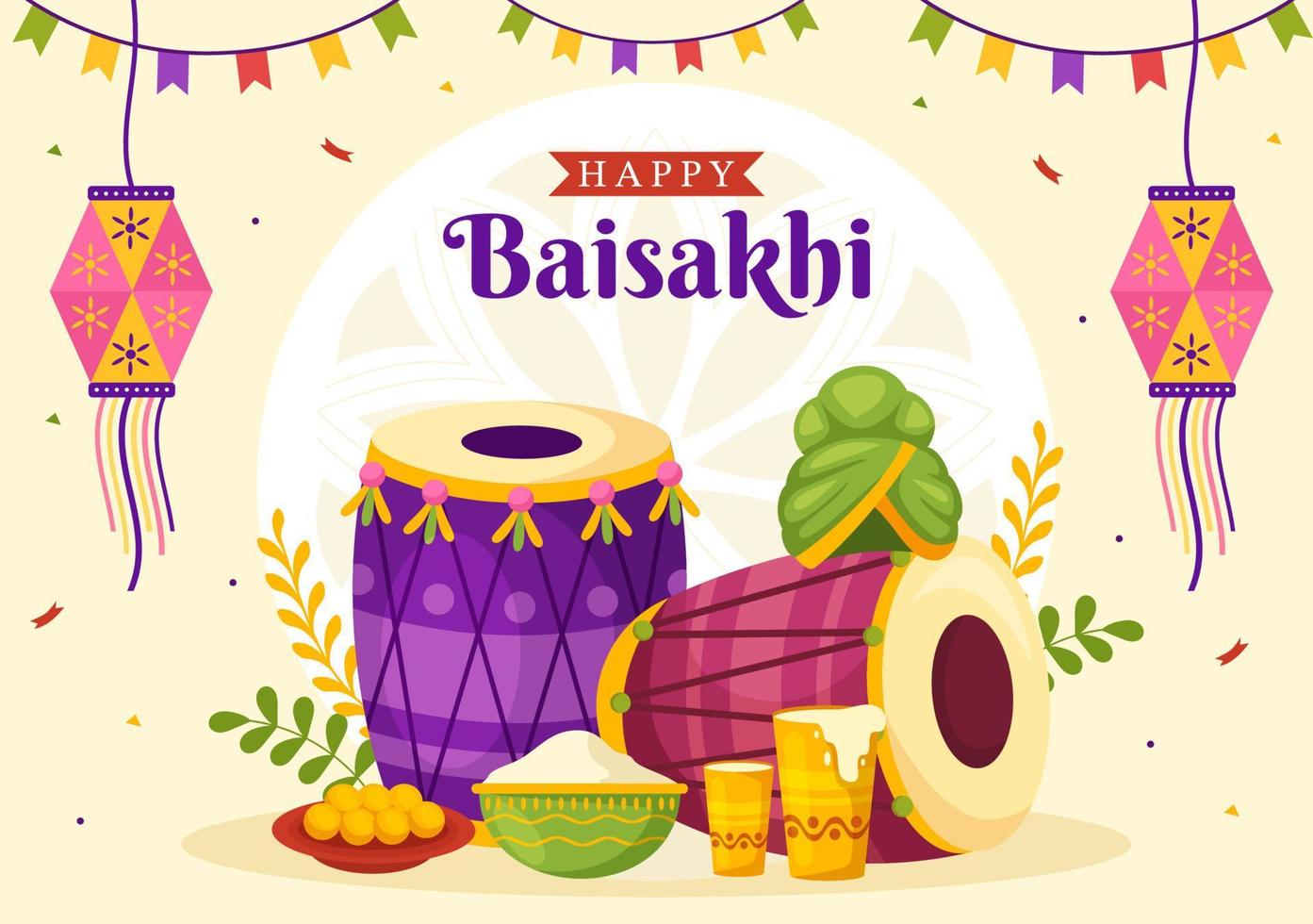 contento baisakhi ilustración con vaisakhi punjabi primavera cosecha festival de sij celebracion en plano dibujos animados mano dibujado para aterrizaje página plantillas vector